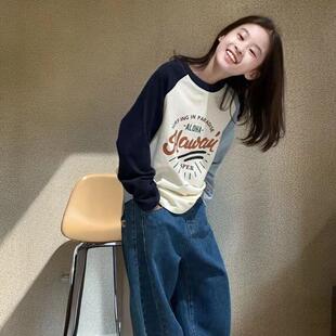 童装女童长袖t恤春秋中大儿童洋气拼色秋冬加绒宽松百搭打底衫潮