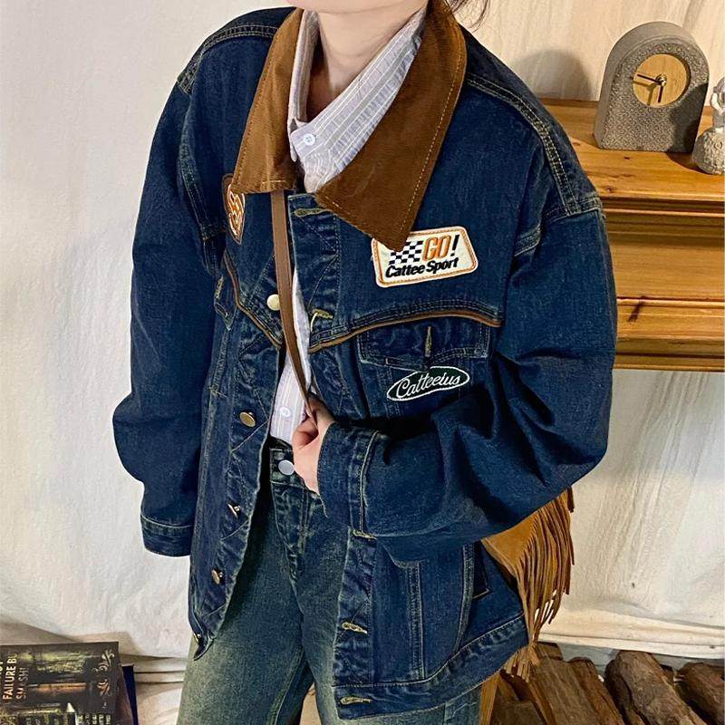 上衣美式复古牛仔外套男女机车翻领潮牌宽松春秋刺绣夹克外衣开衫,男装,牛仔外套,淘宝优惠券,粉丝福利购,淘宝优惠卷
