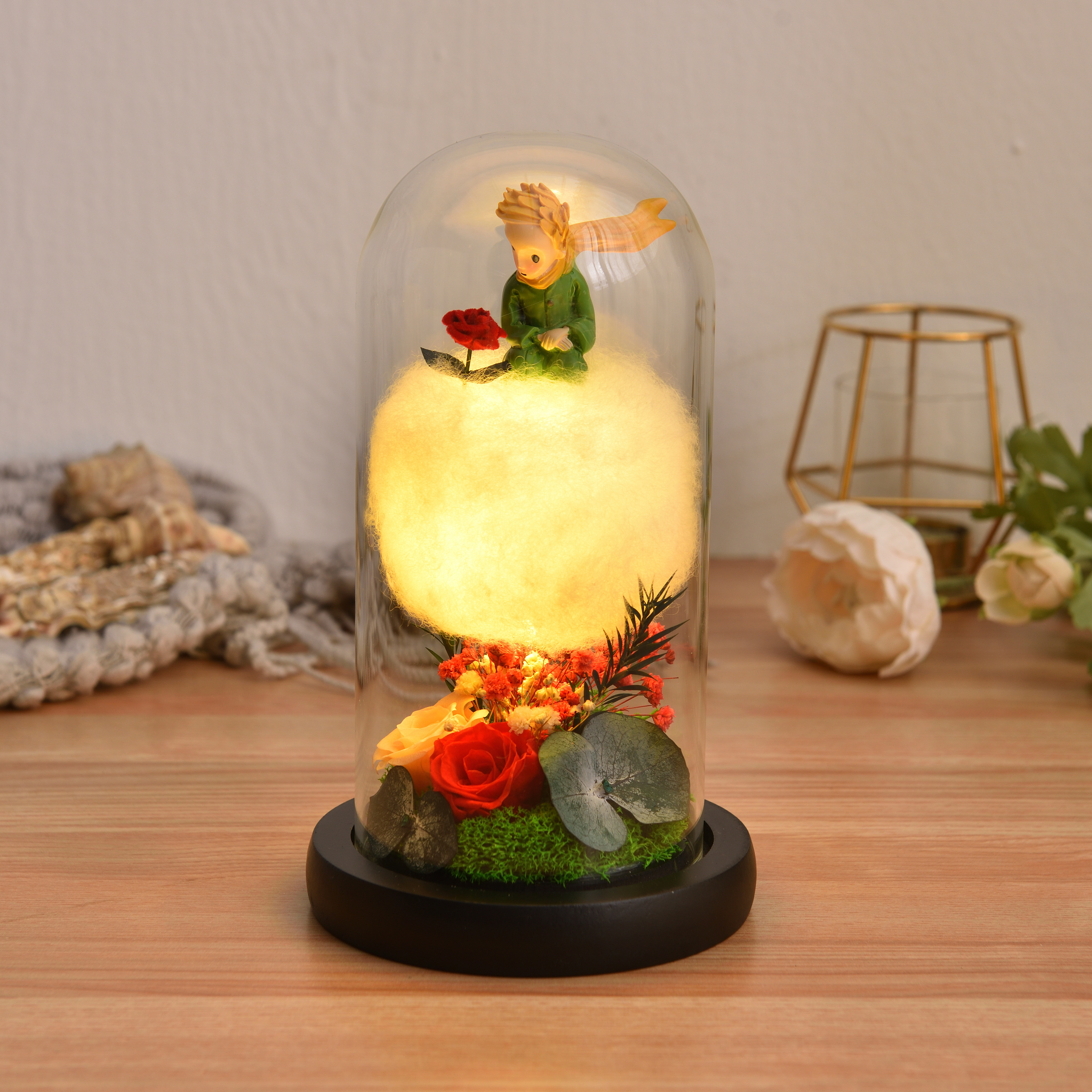 小王子永生玫瑰花系列送女友闺蜜情人节真干花束玻璃罩生日礼物盒