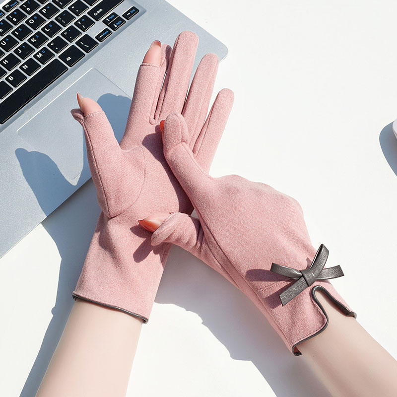 德绒分指手套女加绒保暖翻盖露指