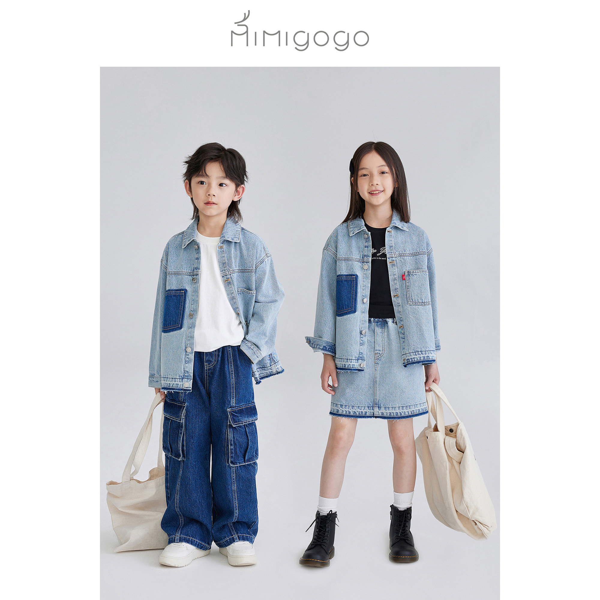 【6折】MIMIGOGO做旧撞色重工水洗儿童牛仔衬衫/短裙套装3E01