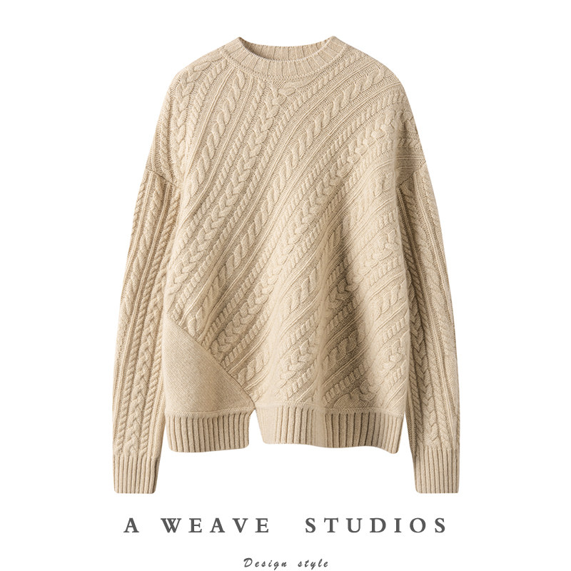 真心爱！开叉半高领纯羊绒衫女麻花斜纹不对称设计山羊绒毛衣加厚