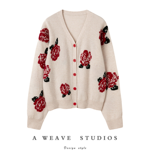 风尚集〓绒+〓 红色玫瑰花v领廓形羊绒毛衣开衫女2024冬