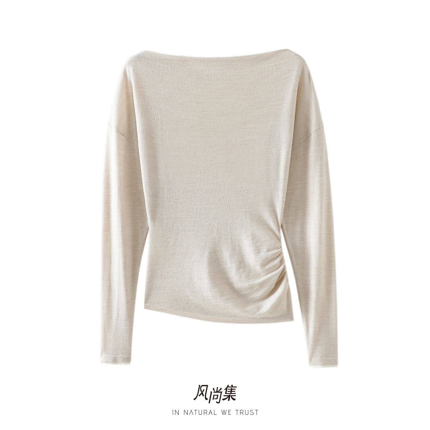 女神太美了~斜肩高端精纺纯羊毛衫女一字领褶皱收腰针织衫上衣
