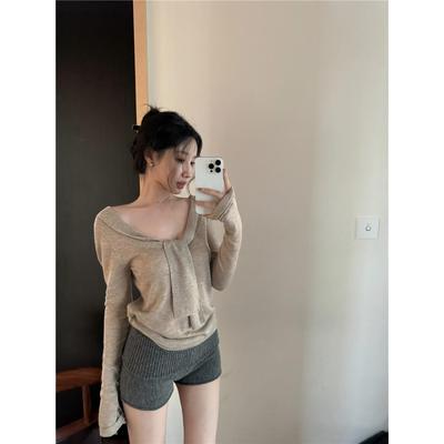 卡其色飘带v领长袖针织衫女秋季