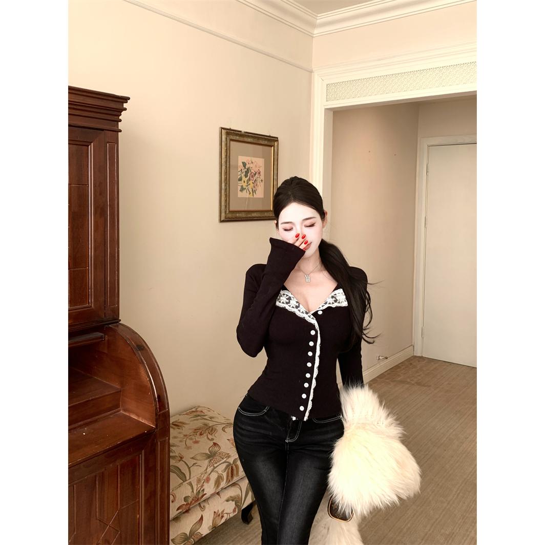 实拍实价法式超好看蕾丝拼接针织衫女设计感内搭长袖上衣打底衫