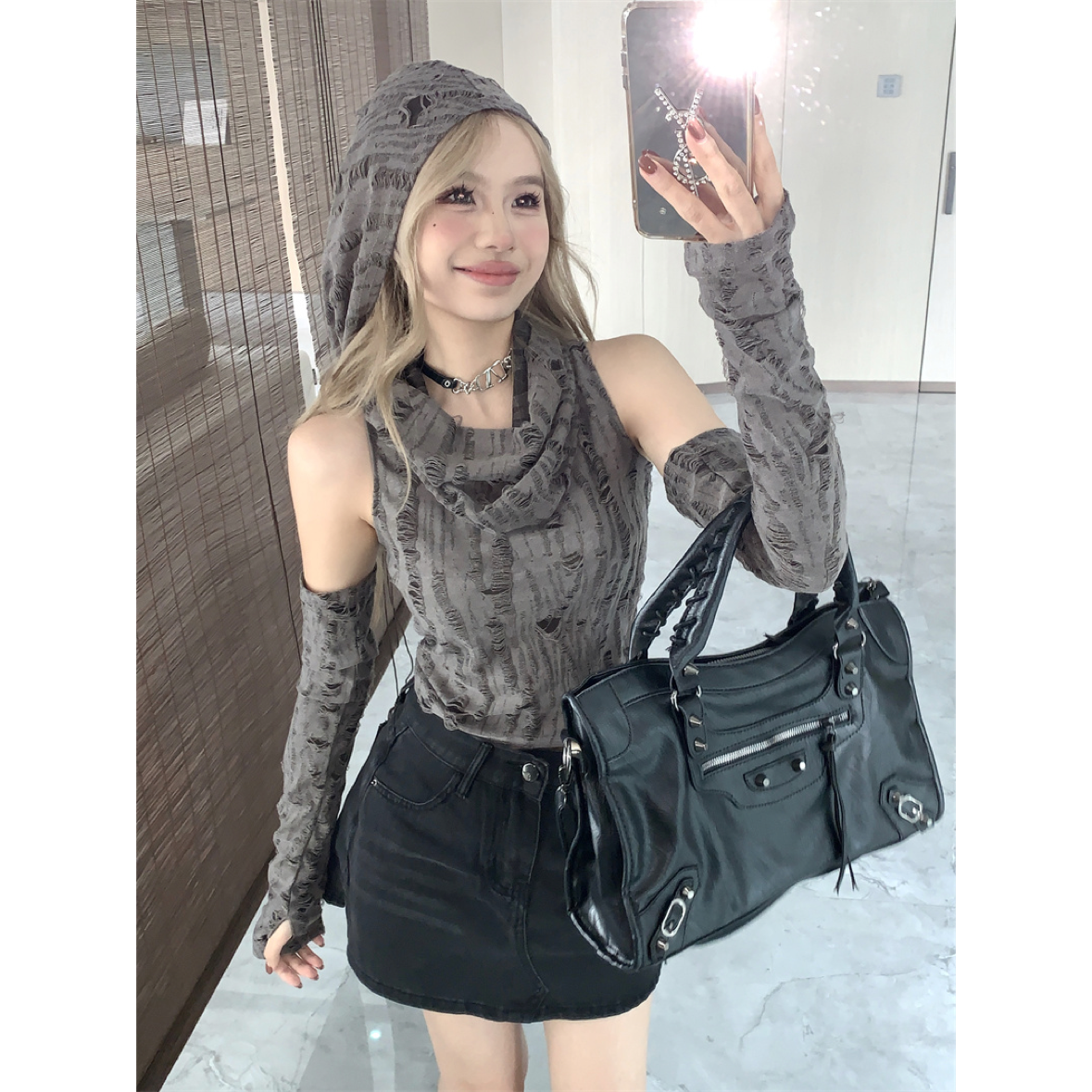 废土风破洞连帽袖套T恤女夏季