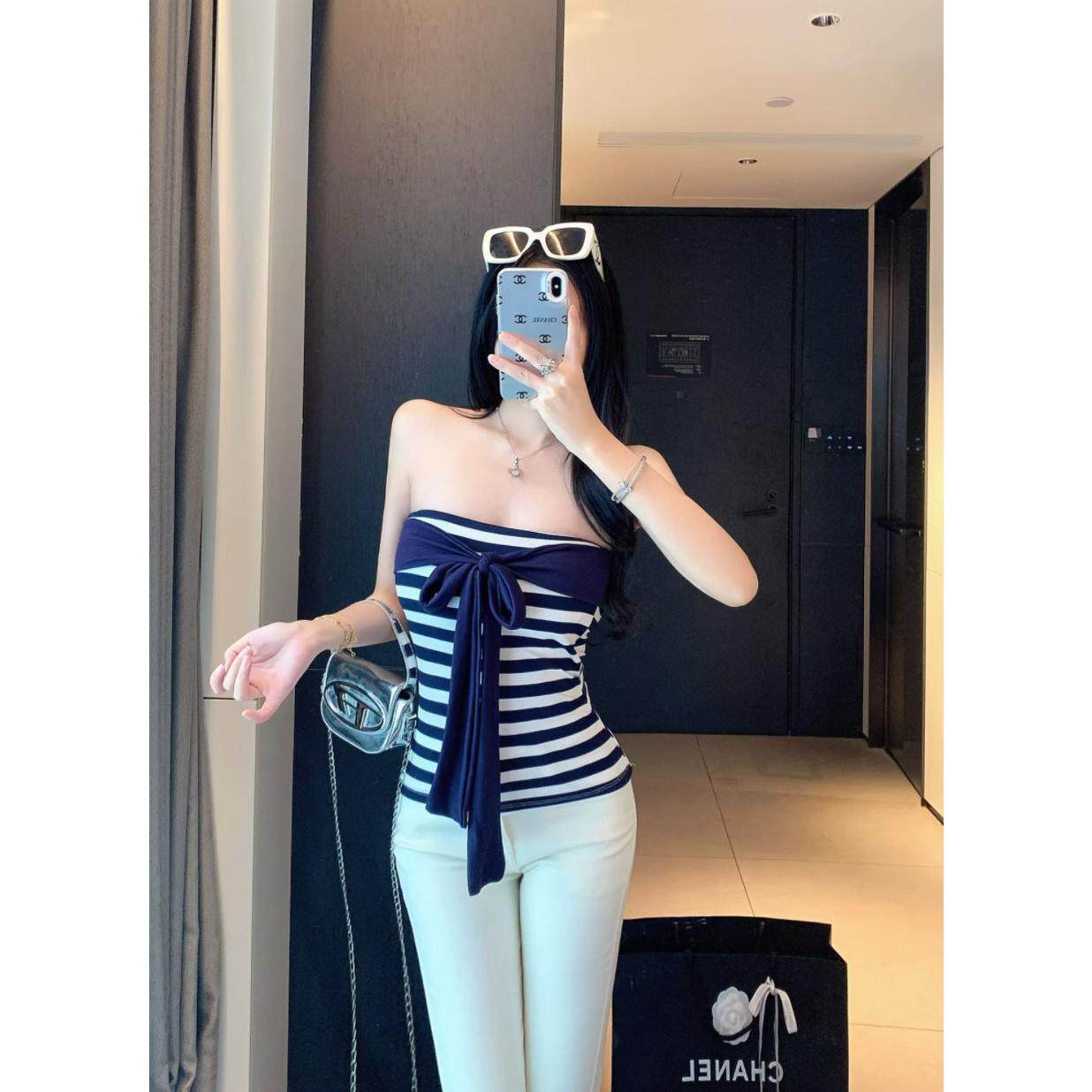 巨好看的早秋季流行风格穿搭韩系慵懒条纹抹胸上衣女内搭无袖背心,女装/女士精品,抹胸,淘宝优惠券,粉丝福利购,淘宝优惠卷