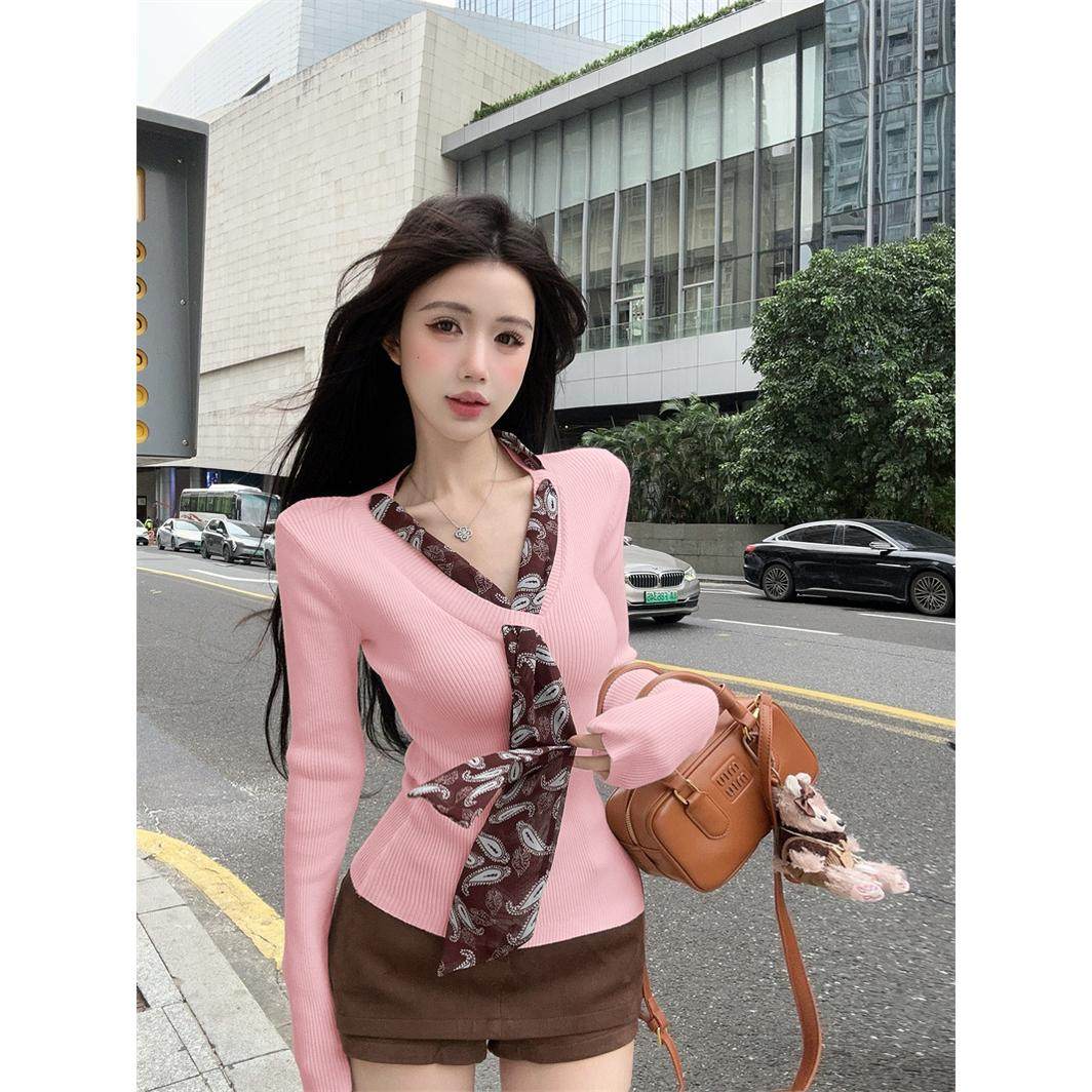 韩系甜美粉色飘带v领针织衫女秋冬软糯毛衣内搭修身收腰长袖上衣,女装/女士精品,毛针织衫,淘宝优惠券,粉丝福利购,淘宝优惠卷