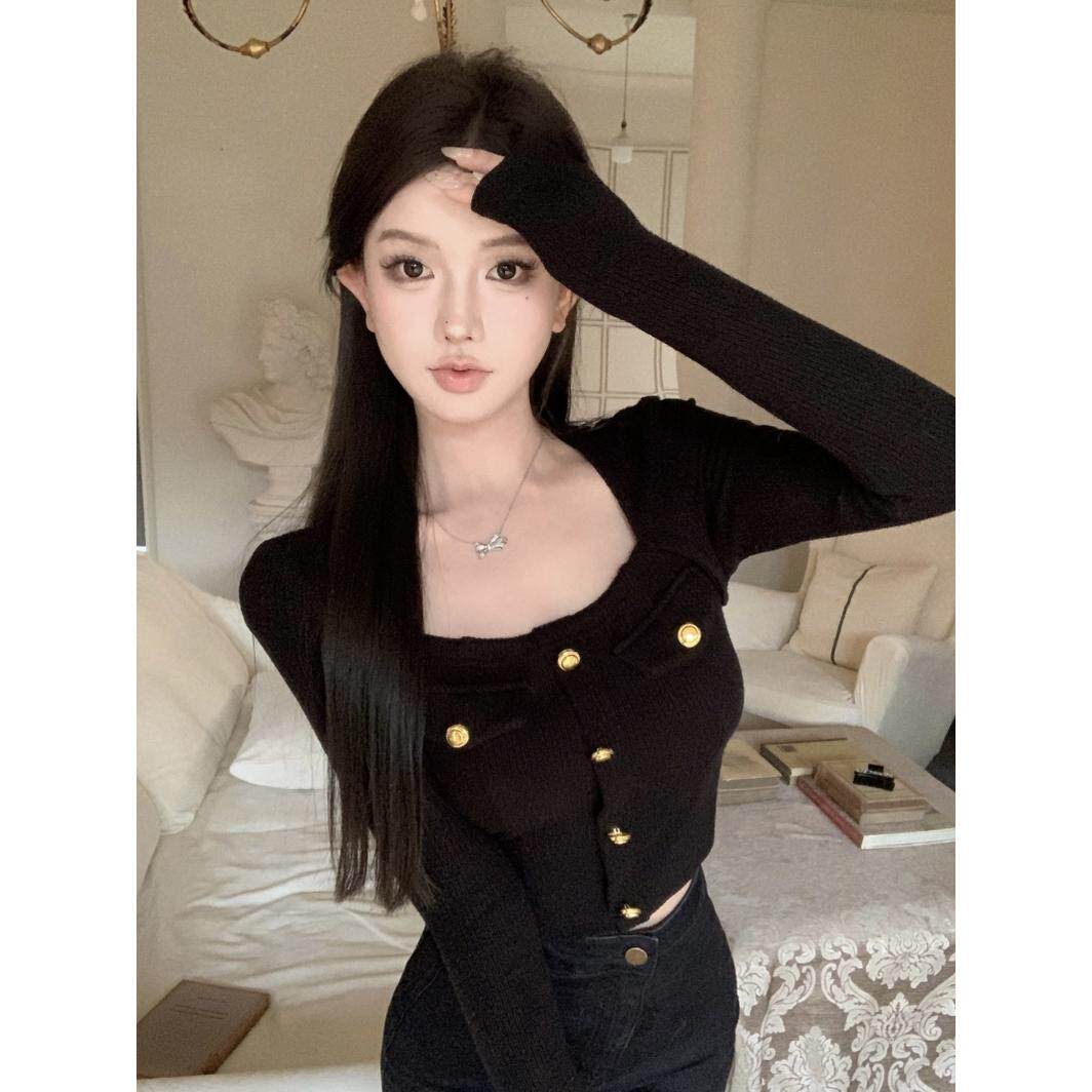 小香风法式方领针织衫女秋冬纯欲辣妹短款上衣打底衫内搭名媛毛衣