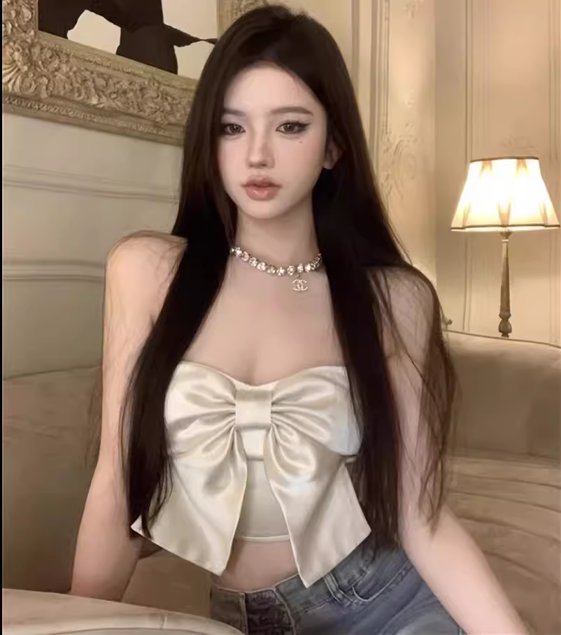 蝴蝶结缎面2024夏季新款百搭性感吊带女辣妹性感露背短款抹胸上衣