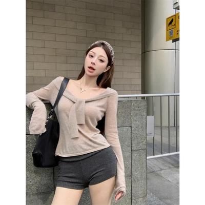 卡其色飘带v领长袖针织衫女秋季