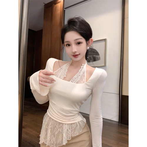5596#可拆卸胸垫 假两件不规则蕾丝边挂脖T恤女修身显瘦短款上衣