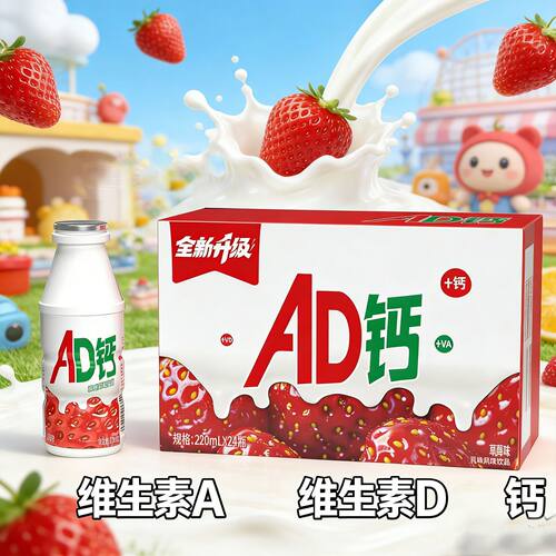 61六一儿童节畅益添草莓味AD钙奶220ml*24瓶/箱怀旧乳味饮早餐奶