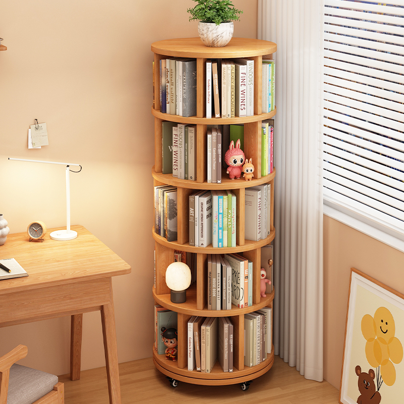 全实木旋转书架360度书柜置物架落地一体靠墙可移动转角儿童窄柜