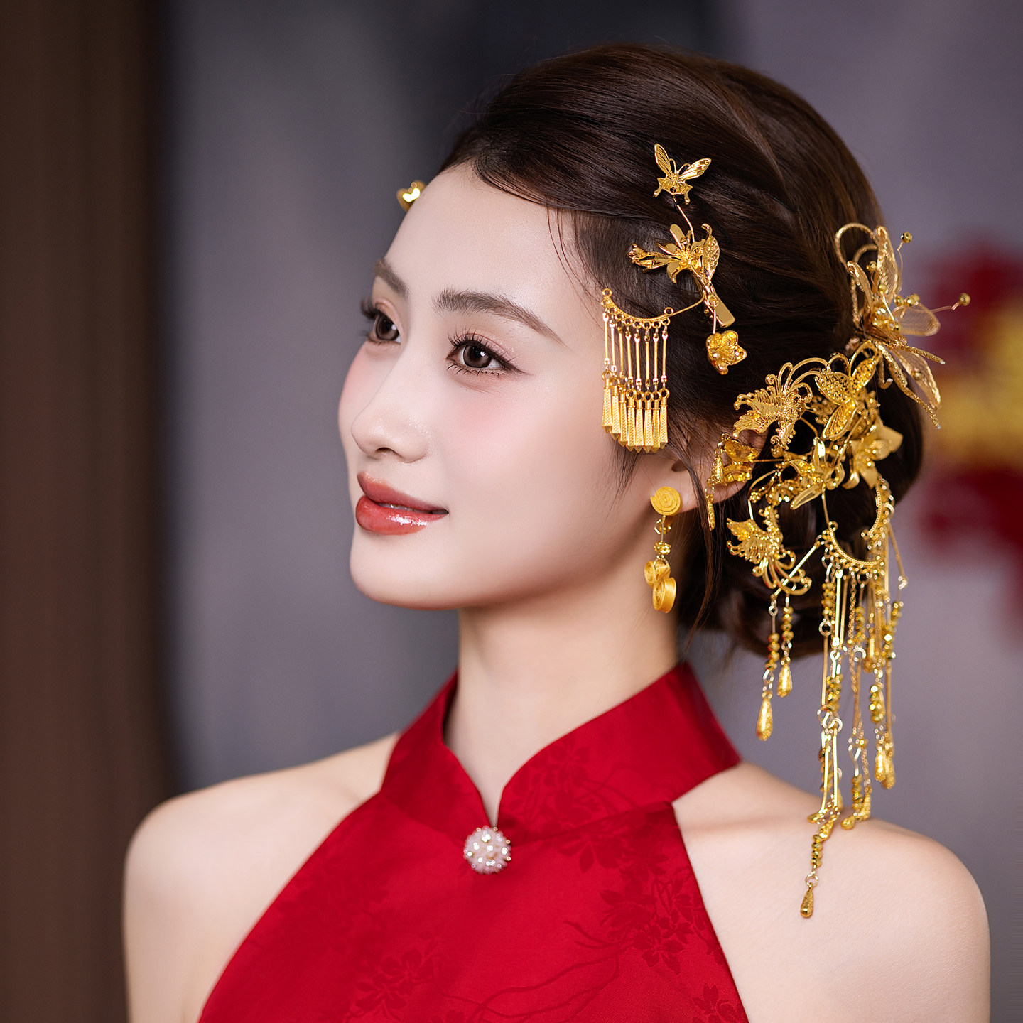 中式新娘金色流苏发簪发饰套装 结婚礼新娘秀禾服龙凤褂旗袍头饰