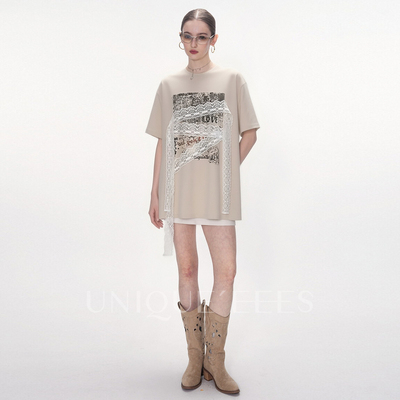 尢壹/UNIQUE'EEES【甜酷对冲公式】辣妹印花蕾丝飘带T恤U6211205