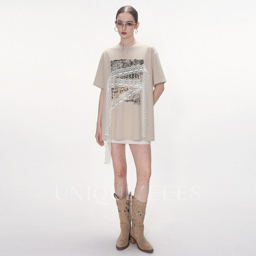 尢壹/UNIQUE'EEES【甜酷对冲公式】辣妹印花蕾丝飘带T恤U6211205