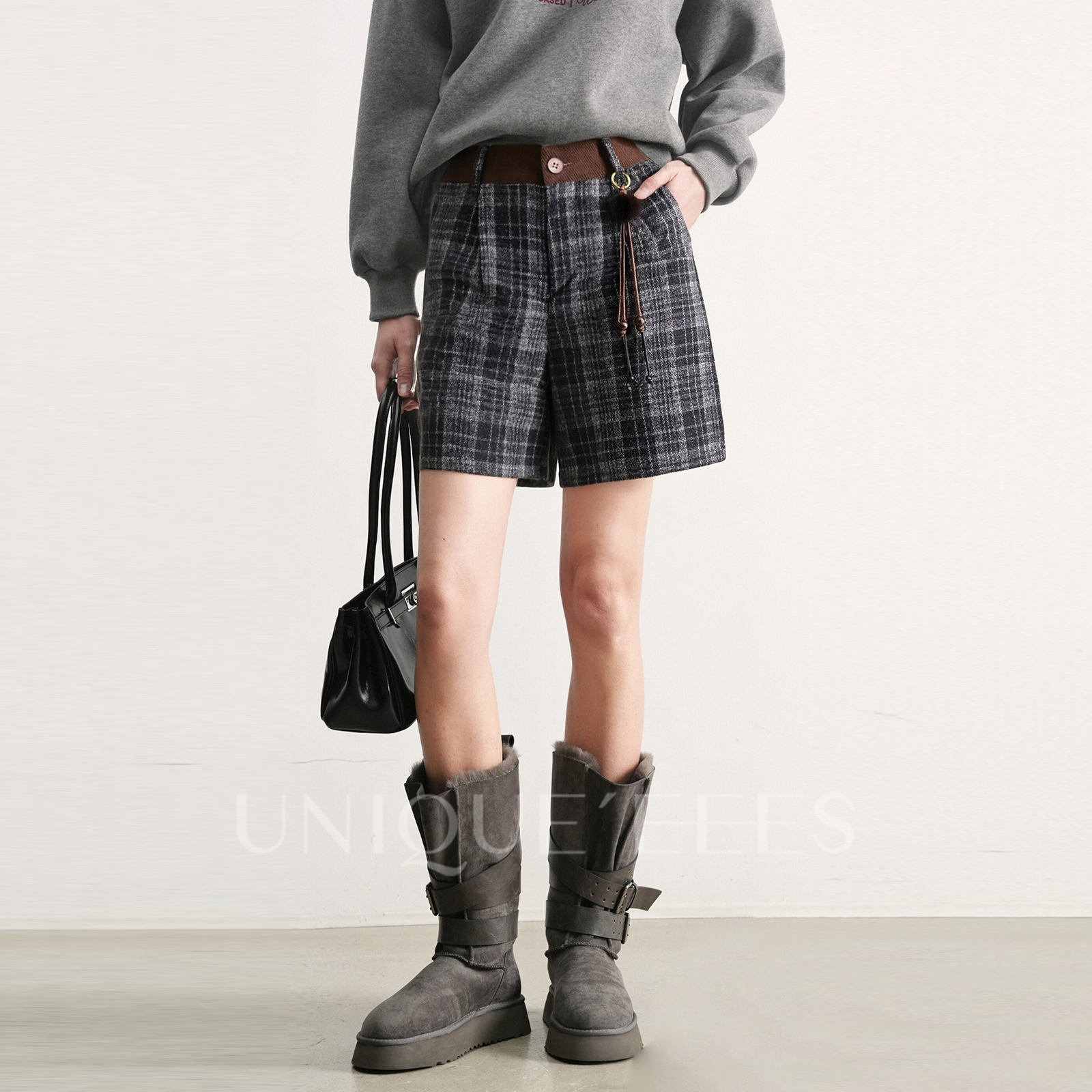 尢壹/UNIQUE'EEES【浪漫摩登】复古格纹五分直筒裤U5514212