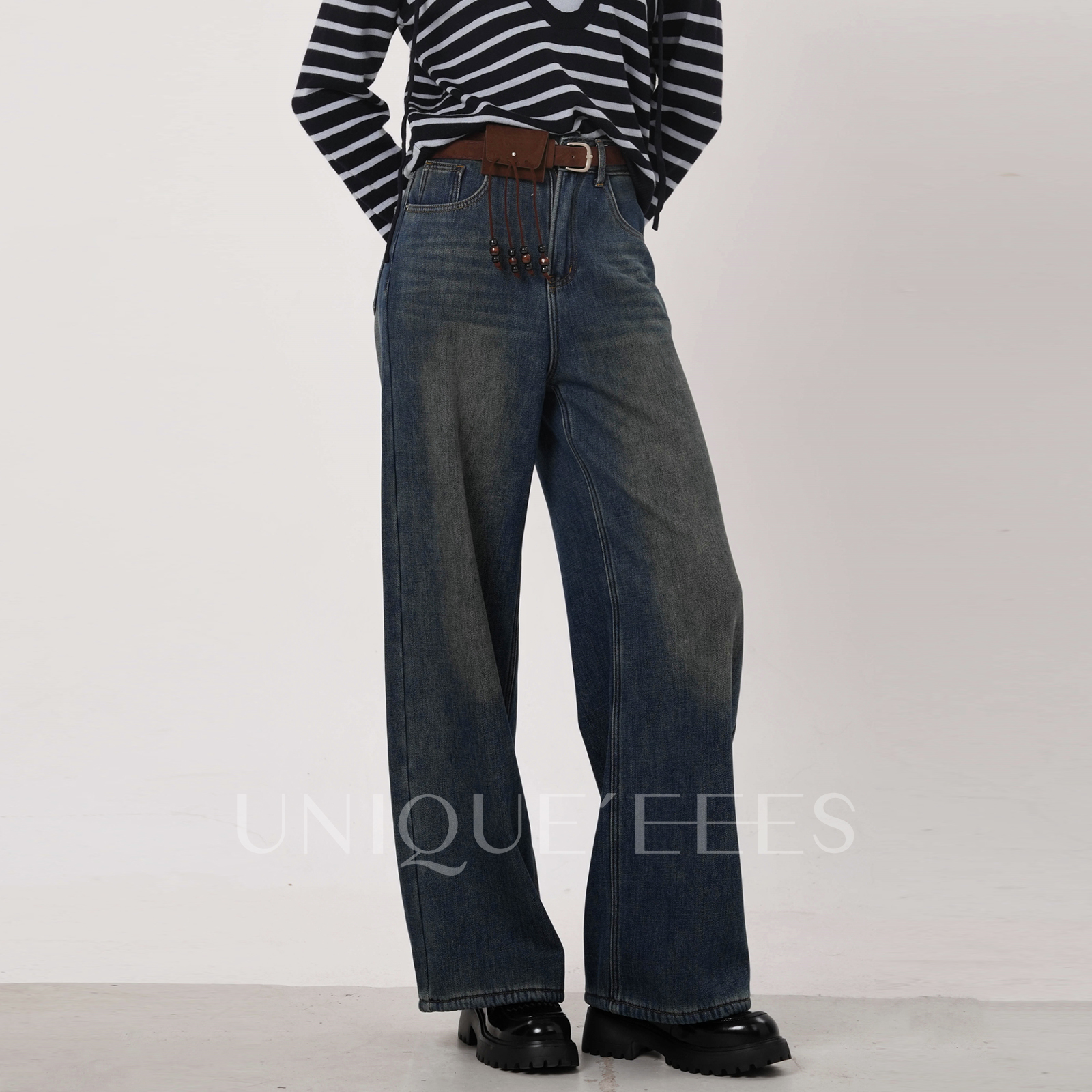 尢壹/UNIQUE'EEES【质感百搭】复古水洗直筒牛仔裤U5514019