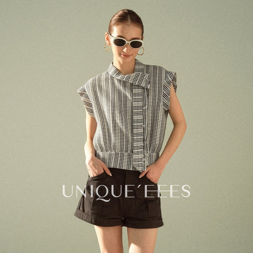 【参加】尢壹/UNIQUE'EEES【去班味】提花格纹不规则衬衫U6211750