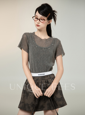 尢壹/UNIQUE'EEES大圆领镂空拼接设计短袖T恤U5111011