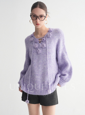 尢壹/UNIQUE'EEES【白月光】法式慵懒系带立体提花针织衫U5508307