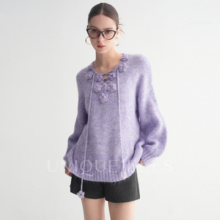 UNIQUE 慵懒系带立体提花针织衫 EEES 法式 U5508307 白月光 尢壹