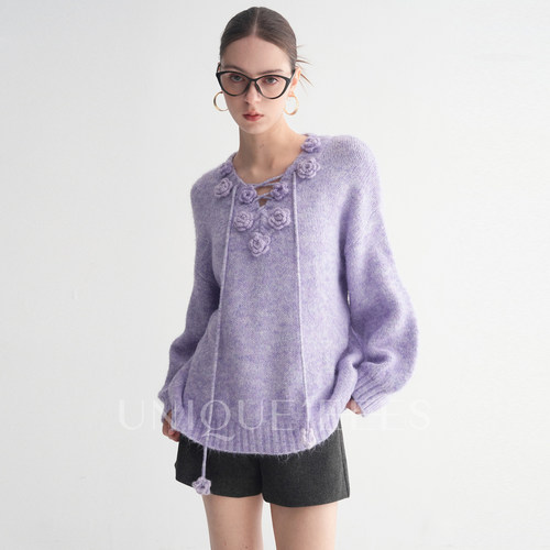 尢壹/UNIQUE'EEES【白月光】法式慵懒系带立体提花针织衫U5508307