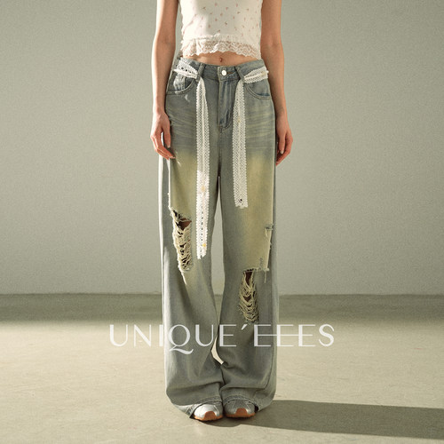 尢壹/UNIQUE'EEES【美神降临】蕾丝腰带渐变破洞直筒裤U6214701