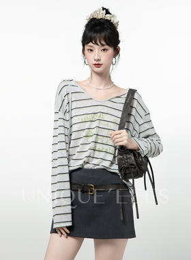 尢壹/UNIQUE'EEES 百搭帽领条纹印花罩衫T恤U5211024