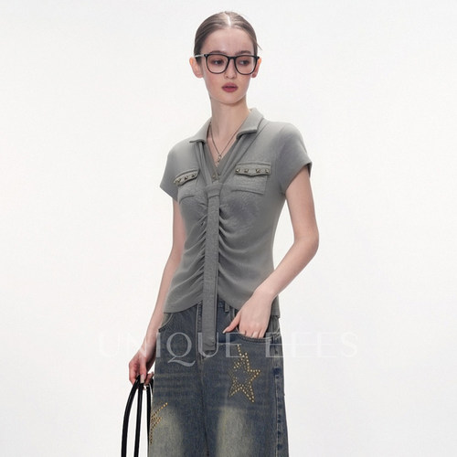 尢壹/UNIQUE'EEES【鬼马甜心】辣妹铆钉POLO领飘带T恤U6211213