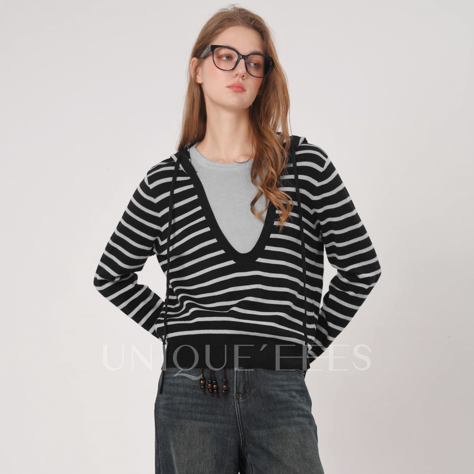 尢壹/UNIQUE'EEES【百搭B入】条纹假两件鸡心领针织衫U5508021