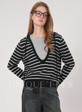 尢壹/UNIQUE'EEES【百搭B入】条纹假两件鸡心领针织衫U5508021