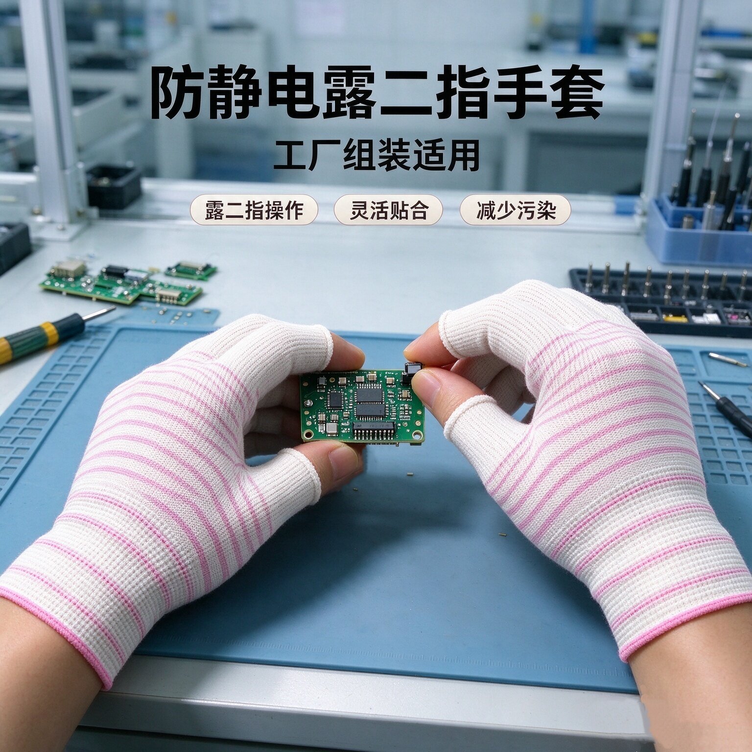 碳纤维防静电露二指手套电子厂维修精密组装无尘劳保手套透气耐磨