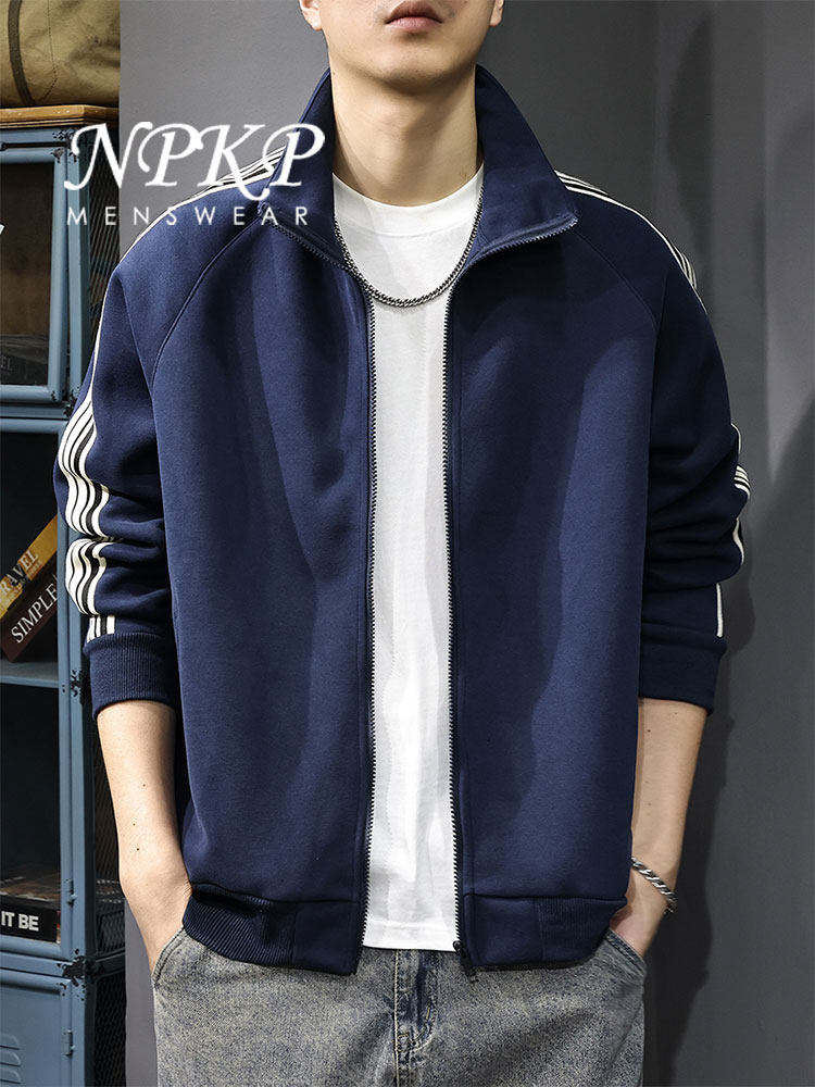 潮牌男士外套春秋季新款美式覆古立领开衫卫衣男条纹运动休闲夹克