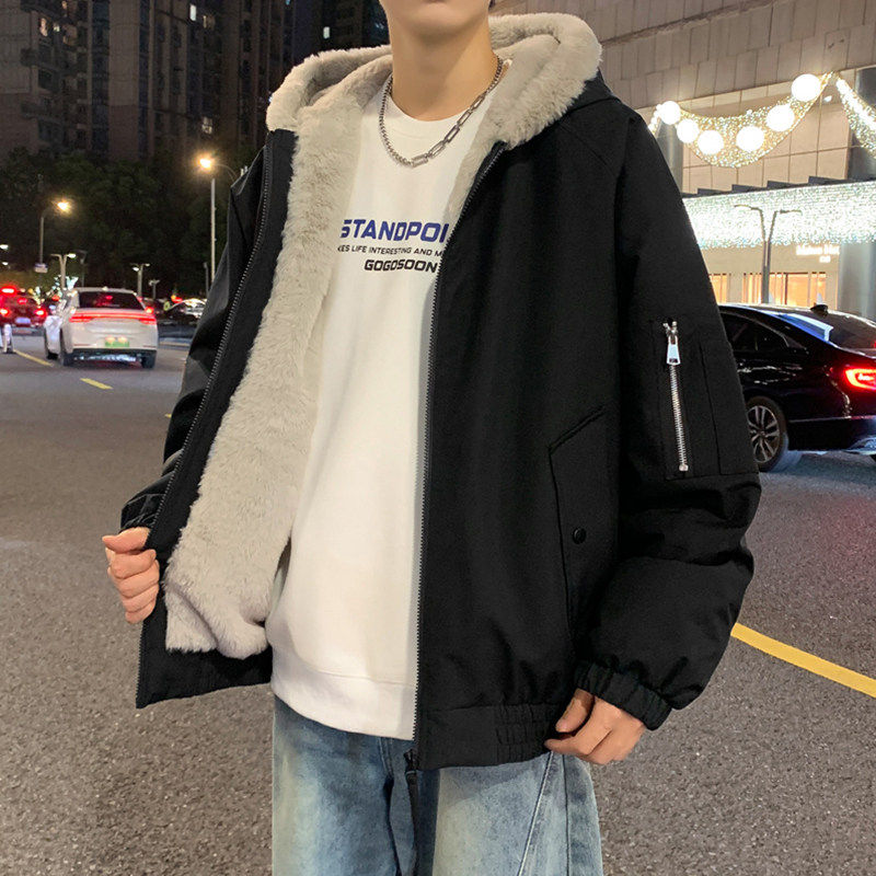 美式外套男款冬季新款加绒加厚保暖夹克潮牌青少年连帽兔毛冲锋衣