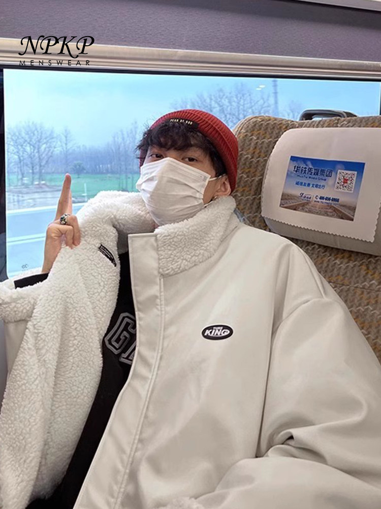 pu皮外套男秋冬款新款痞帅羊羔绒双面穿棉服潮牌宽松大码棉袄男装