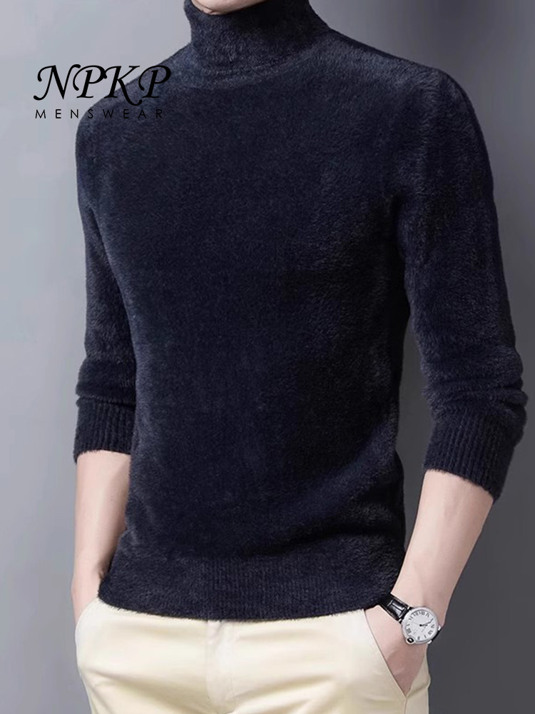 高领毛衣男秋冬款新款加厚保暖水貂绒打底衫半高领毛线衣针织男装