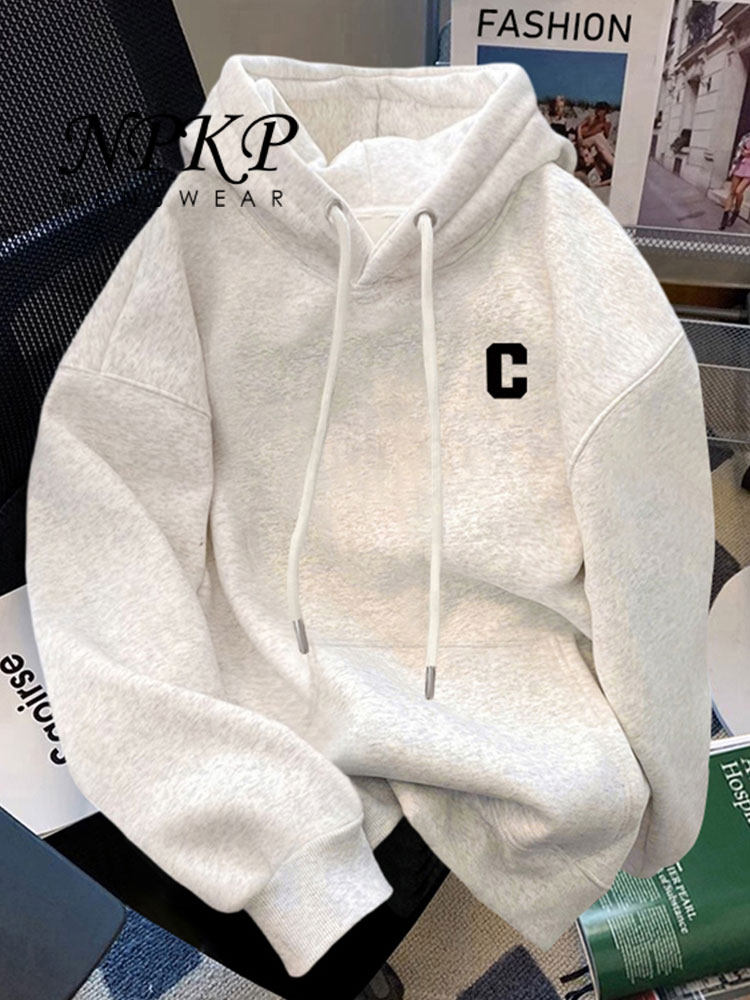 连帽卫衣男款春秋冬季2025新款宽松休闲加绒加厚白灰色外套上衣服