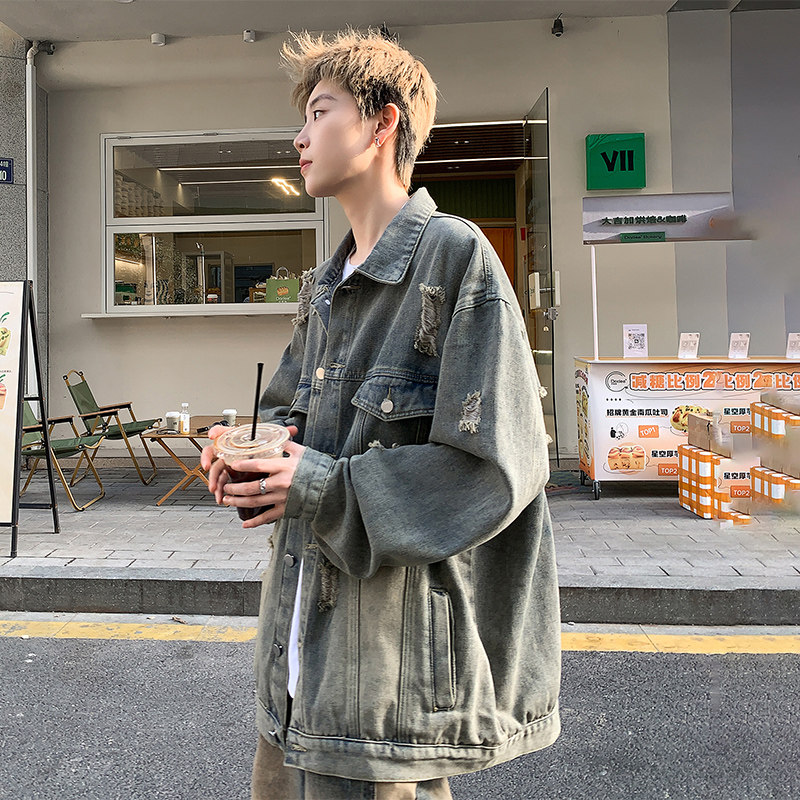 美式复古破洞牛仔外套男款春秋季新款高级感冷淡系休闲宽松夹克男