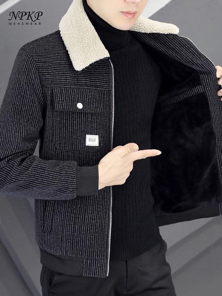 皮衣外套男士秋冬款2025新款加绒条纹羊羔绒领皮毛一体棉衣服男装