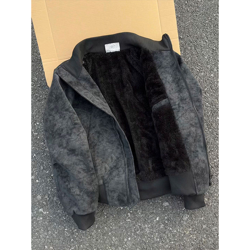 美式cheanfit扎染皮衣夹克男士冬季新款加绒加厚短款棉服外套冬装