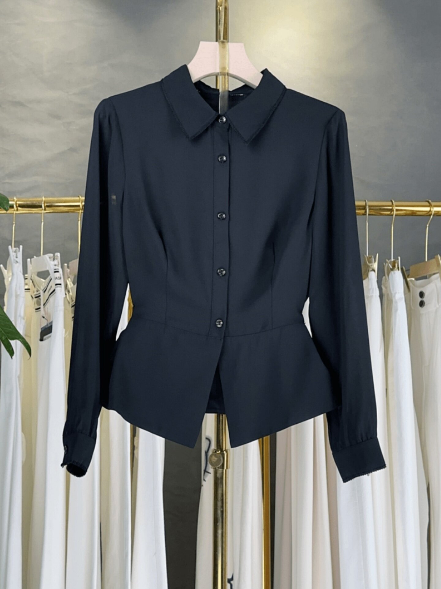 法式黑色Polo领衬衫女长袖春秋新款收腰显瘦小众设计感气质上衣潮