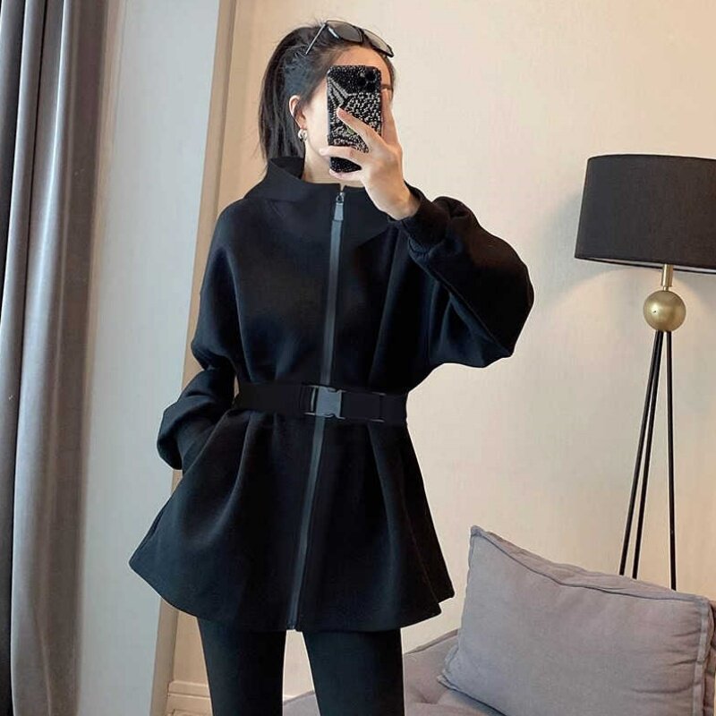 黑色中长款连帽卫衣女2026年秋冬胖mm收腰显瘦遮屁股休闲开衫上衣