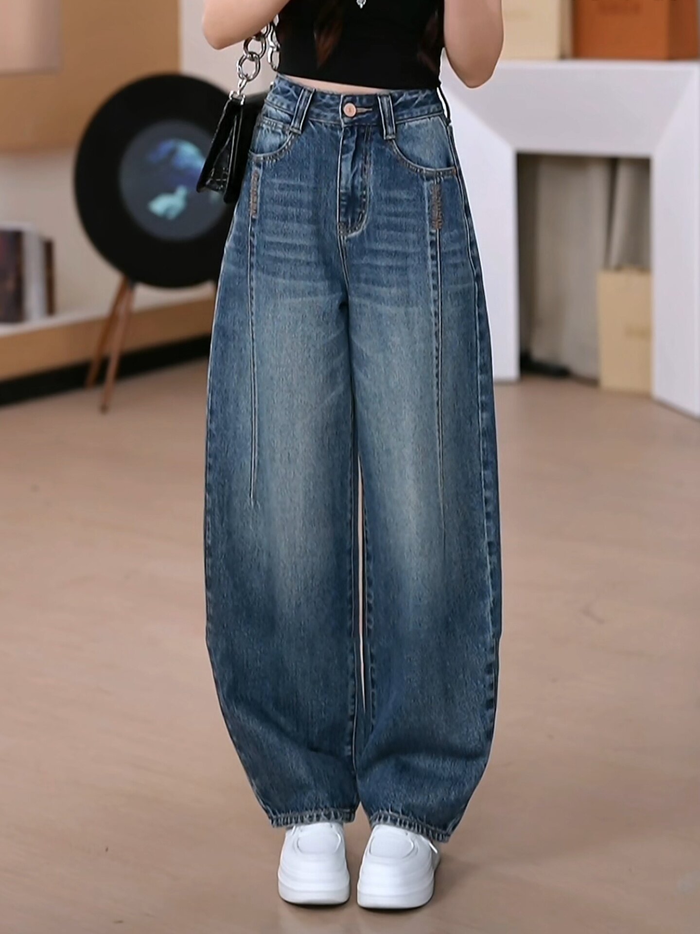 覆古弯刀阔腿裤女2025新款秋款牛仔裤高腰显瘦宽松拼接刺绣香蕉裤
