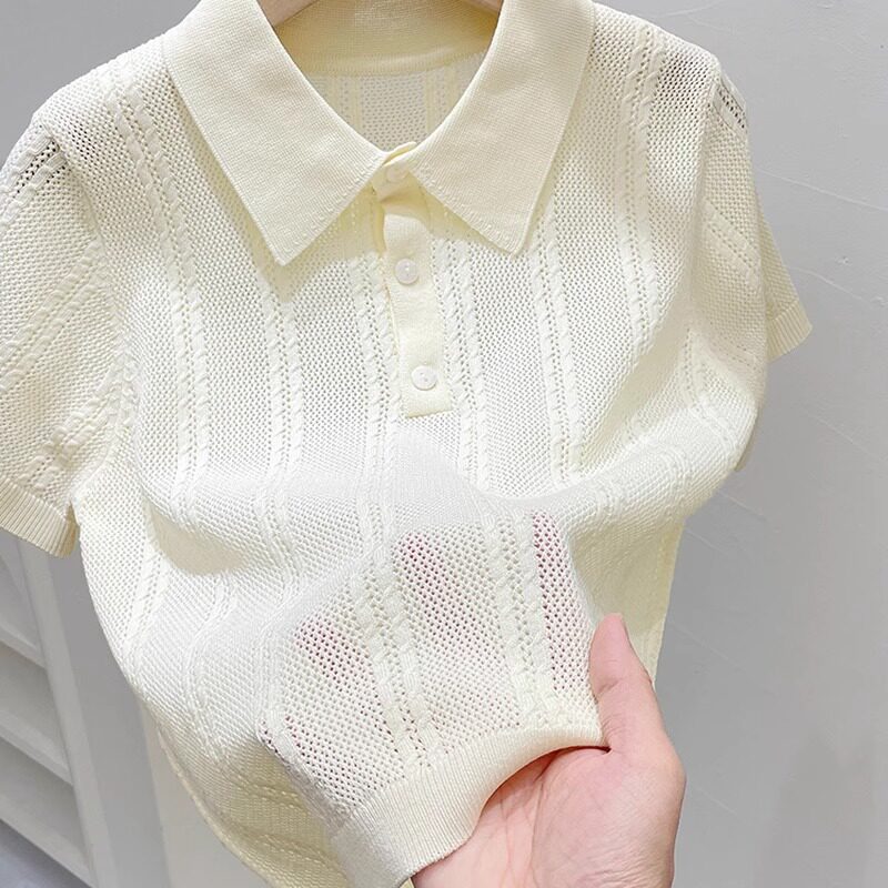 黄色翻领POLO针织短袖t恤女2025年新款小个子简约百搭高级感上衣