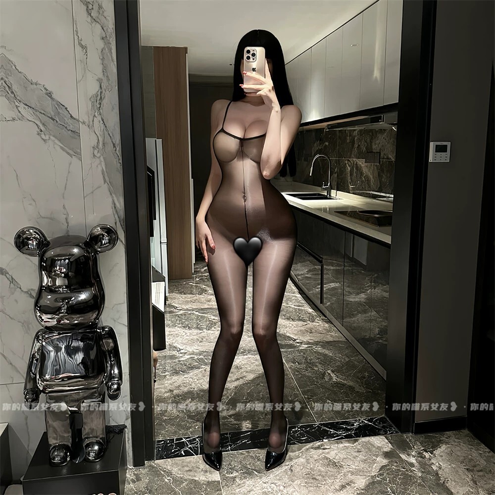 喵：幻丝*超薄油光黑丝连体衣女性感吊带连身袜丝滑珠光紧身衣女