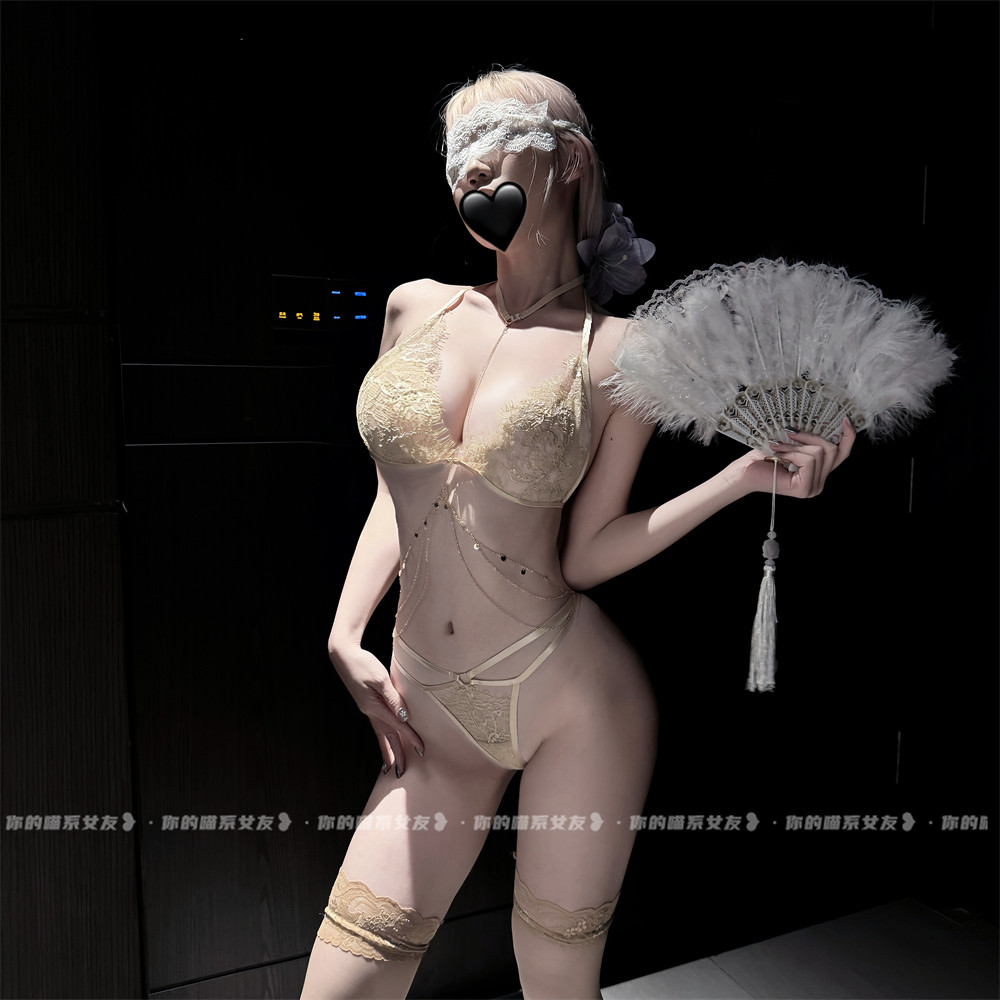 喵:暧昧体温*性感蕾丝诱惑垂链三点式纯欲文胸套装qqny趣味内衣