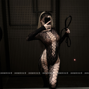 喵:猎杀时刻*豹纹图案渔网袜连体丝袜女性感开档长袖紧身衣网衣